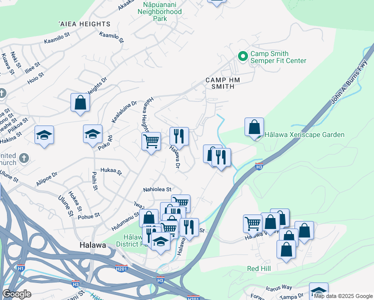 map of restaurants, bars, coffee shops, grocery stores, and more near 99-865 Halawa Drive in Aiea