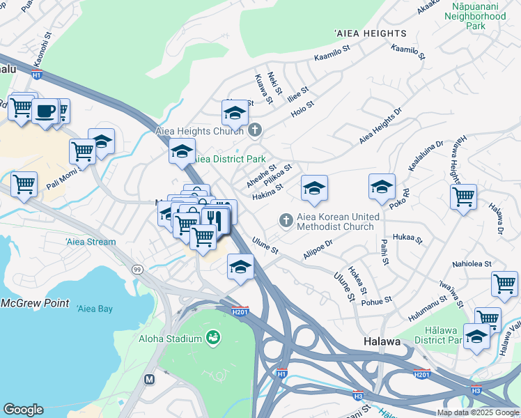 map of restaurants, bars, coffee shops, grocery stores, and more near Pohai Place in Aiea