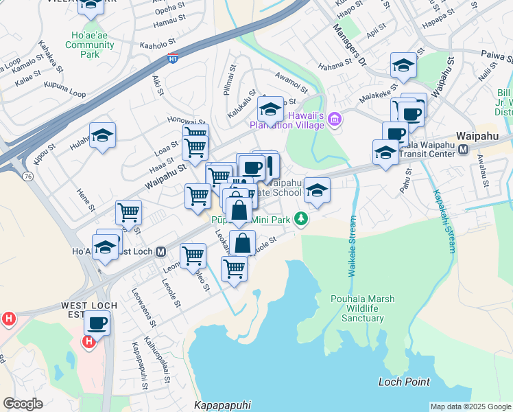 map of restaurants, bars, coffee shops, grocery stores, and more near 94-344 Pupumomi Street in Waipahu