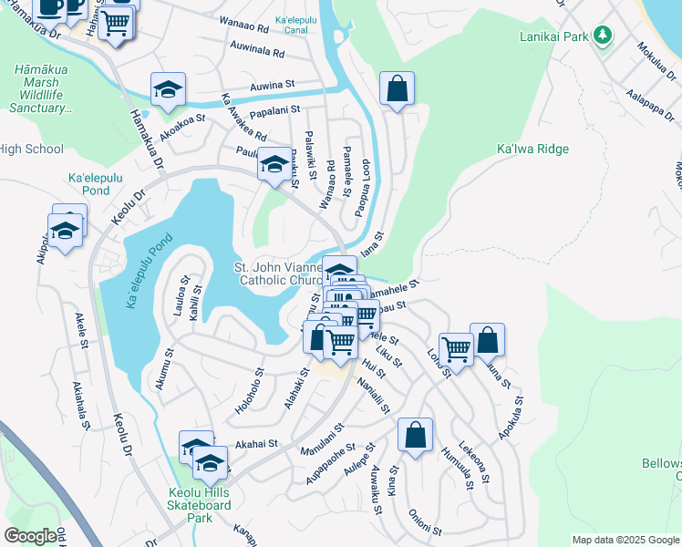 map of restaurants, bars, coffee shops, grocery stores, and more near 893 Akumu Place in Kailua