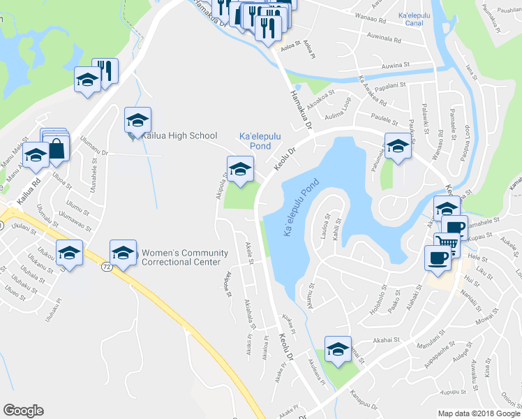 map of restaurants, bars, coffee shops, grocery stores, and more near in Kailua