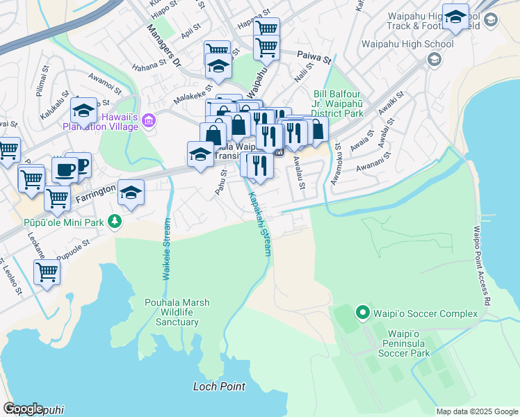 map of restaurants, bars, coffee shops, grocery stores, and more near 94-037 Waipahu Depot Street in Waipahu