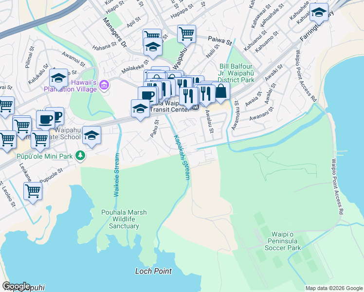 map of restaurants, bars, coffee shops, grocery stores, and more near Waipahu Depot Street in Waipahu