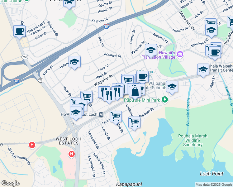 map of restaurants, bars, coffee shops, grocery stores, and more near 94-230 Leokane Street in Waipahu