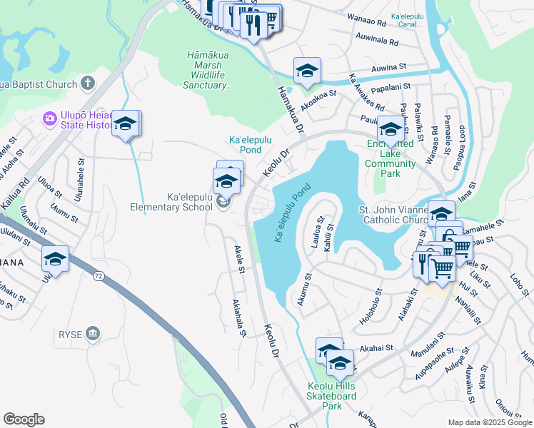 map of restaurants, bars, coffee shops, grocery stores, and more near 523 Keolu Drive in Kailua