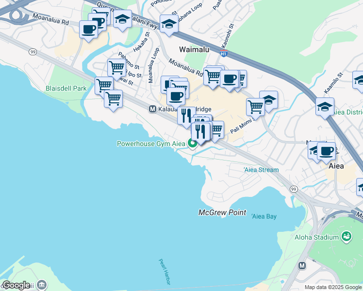 map of restaurants, bars, coffee shops, grocery stores, and more near 608 Lipoa Place in Aiea