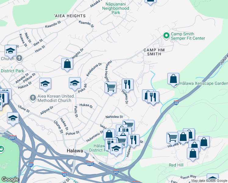 map of restaurants, bars, coffee shops, grocery stores, and more near 99-829 Halawa Heights Road in Aiea