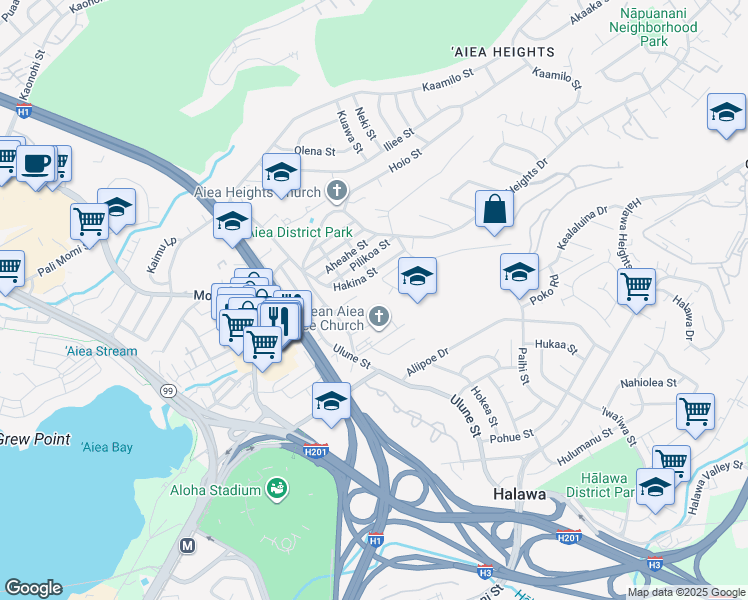 map of restaurants, bars, coffee shops, grocery stores, and more near 99-399 Hakina Street in Aiea