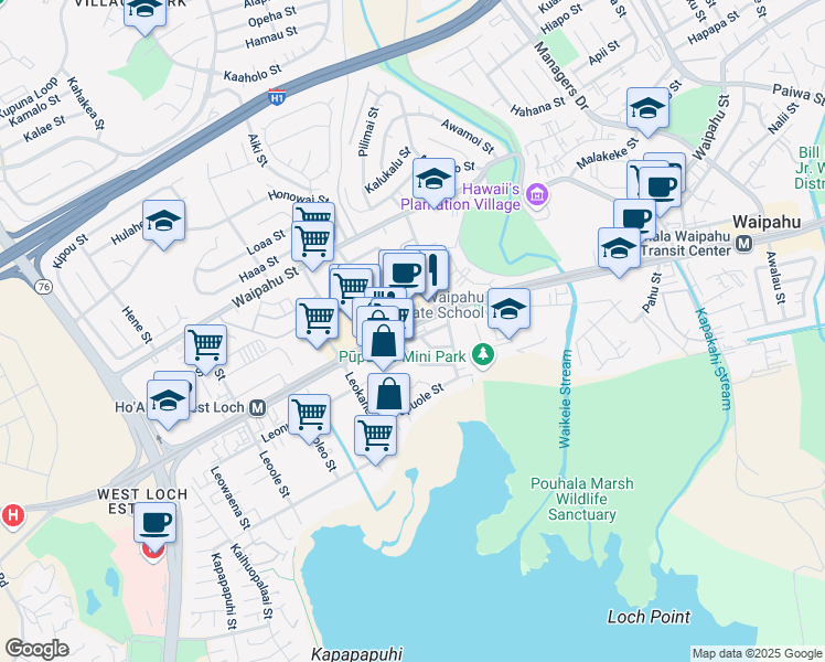 map of restaurants, bars, coffee shops, grocery stores, and more near 94-344 Pupumomi Street in Waipahu