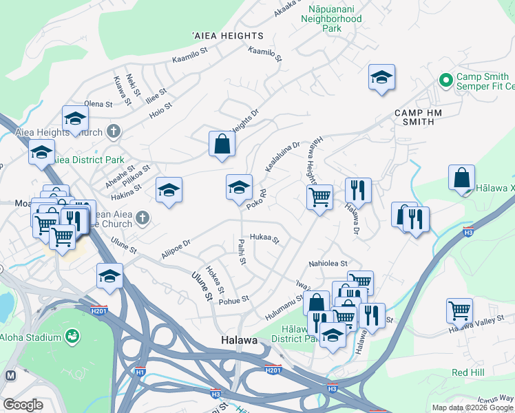 map of restaurants, bars, coffee shops, grocery stores, and more near 99-734 Poko Place in Aiea