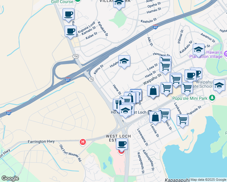 map of restaurants, bars, coffee shops, grocery stores, and more near 94-337 Kipou Place in Waipahu