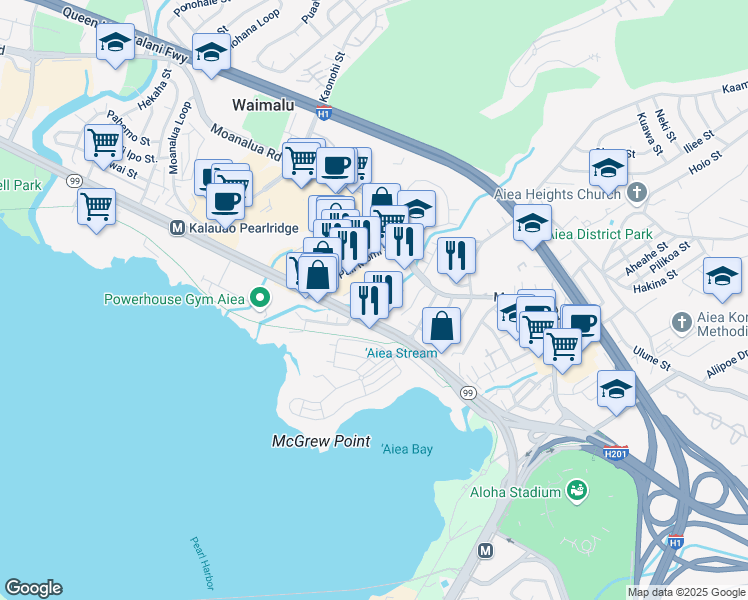 map of restaurants, bars, coffee shops, grocery stores, and more near 98-122 Kalike Place in Aiea