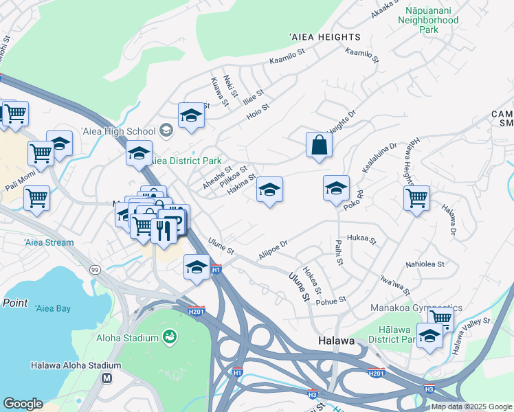 map of restaurants, bars, coffee shops, grocery stores, and more near 99-341 Uwau Drive in Aiea