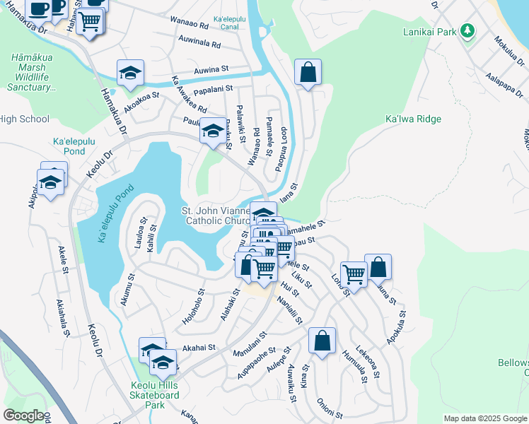 map of restaurants, bars, coffee shops, grocery stores, and more near 893 Akumu Place in Kailua