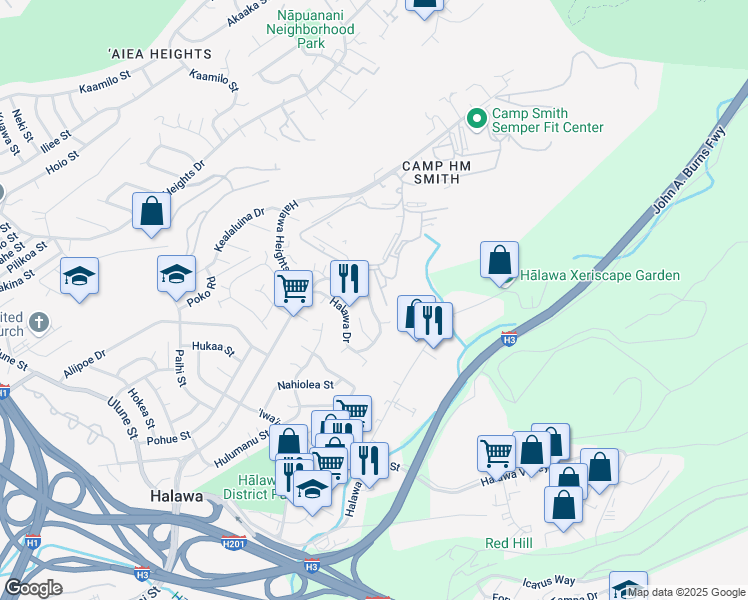 map of restaurants, bars, coffee shops, grocery stores, and more near 99-865 Halawa Drive in Aiea