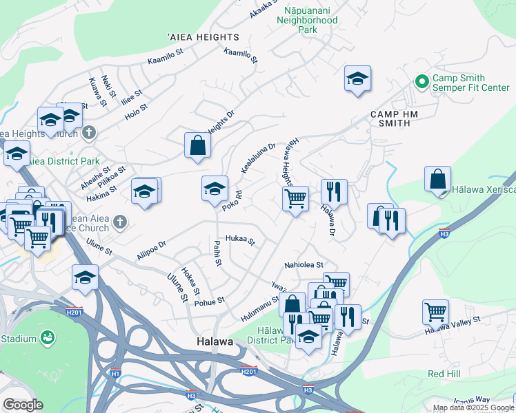 map of restaurants, bars, coffee shops, grocery stores, and more near 99-1012 Lalawai Drive in Aiea