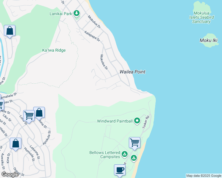 map of restaurants, bars, coffee shops, grocery stores, and more near 211 Poopoo Place in Kailua