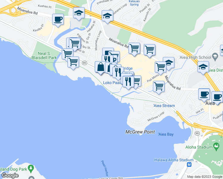 map of restaurants, bars, coffee shops, grocery stores, and more near 98-145 Lipoa Place in Aiea