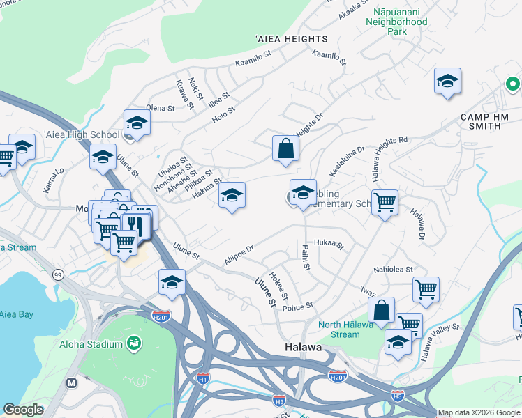 map of restaurants, bars, coffee shops, grocery stores, and more near 99-370 Paihi Street in Aiea