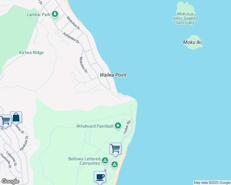 map of restaurants, bars, coffee shops, grocery stores, and more near 1600 Mokulua Drive in Kailua