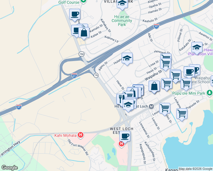 map of restaurants, bars, coffee shops, grocery stores, and more near 94-384 Kipou Street in Waipahu