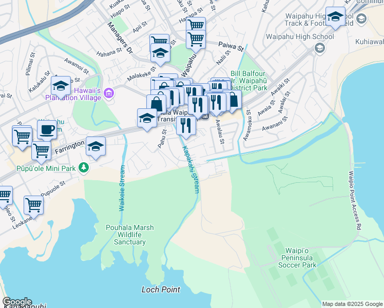 map of restaurants, bars, coffee shops, grocery stores, and more near 94-037 Waipahu Depot Street in Waipahu