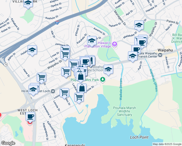 map of restaurants, bars, coffee shops, grocery stores, and more near 94-350 Pupumomi Street in Waipahu