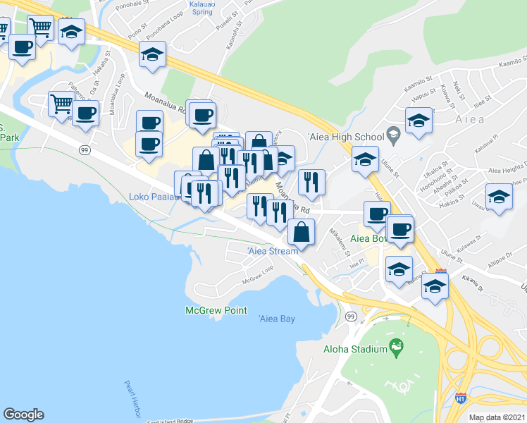 map of restaurants, bars, coffee shops, grocery stores, and more near 98-122 Kalike Place in Aiea