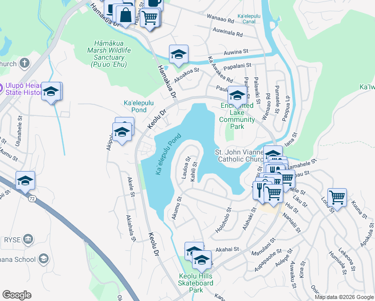 map of restaurants, bars, coffee shops, grocery stores, and more near 1262 Kahili Street in Kailua