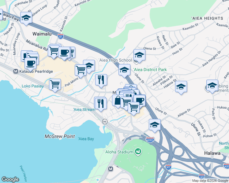 map of restaurants, bars, coffee shops, grocery stores, and more near 99-19 Moanalua Road in Aiea