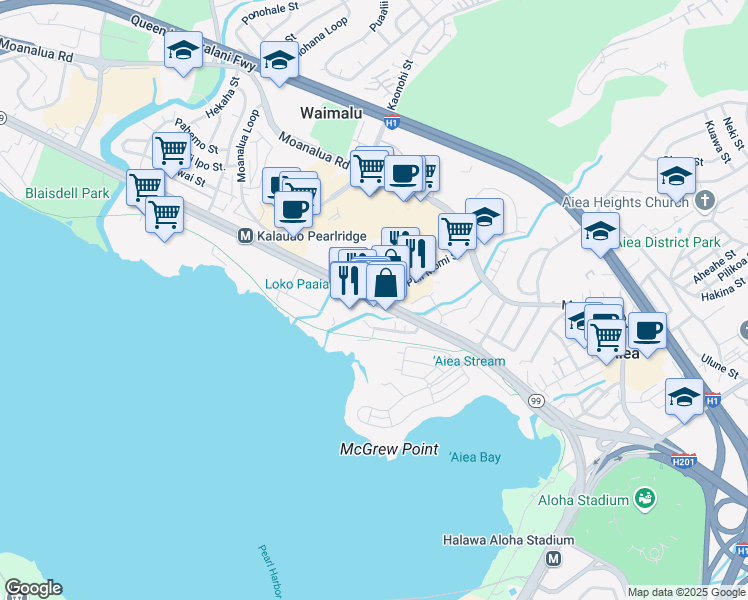 map of restaurants, bars, coffee shops, grocery stores, and more near 98180 Hawaii 99 in Aiea
