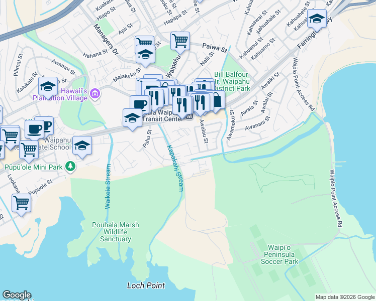 map of restaurants, bars, coffee shops, grocery stores, and more near 94-820 Awanei Street in Waipahu