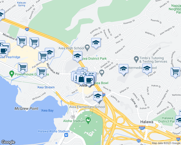 map of restaurants, bars, coffee shops, grocery stores, and more near 99-106 Olopana Street in Aiea