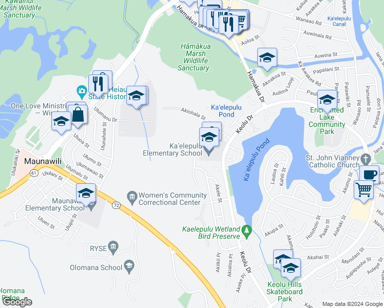 map of restaurants, bars, coffee shops, grocery stores, and more near 1163 Akipola Street in Kailua