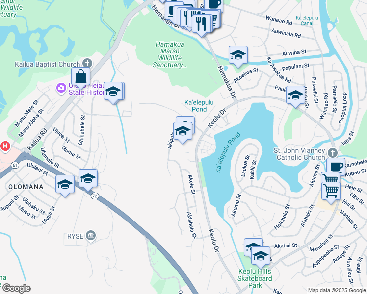 map of restaurants, bars, coffee shops, grocery stores, and more near 530 Keolu Drive in Kailua
