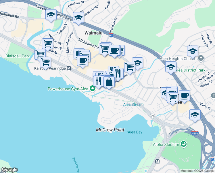 map of restaurants, bars, coffee shops, grocery stores, and more near 98180 Hawaii 99 in Aiea