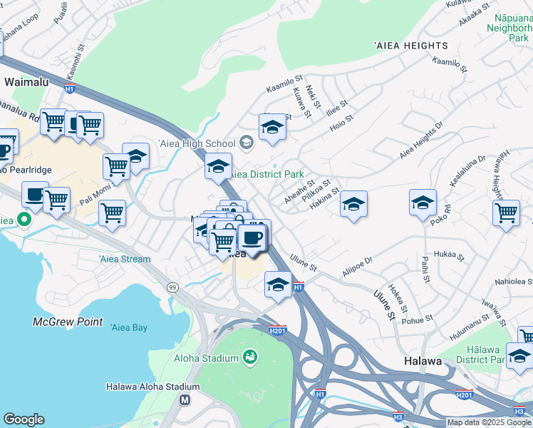 map of restaurants, bars, coffee shops, grocery stores, and more near 99-217 Lalani Street in Aiea