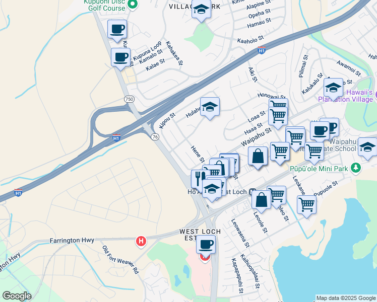 map of restaurants, bars, coffee shops, grocery stores, and more near 94-337 Kipou Place in Waipahu