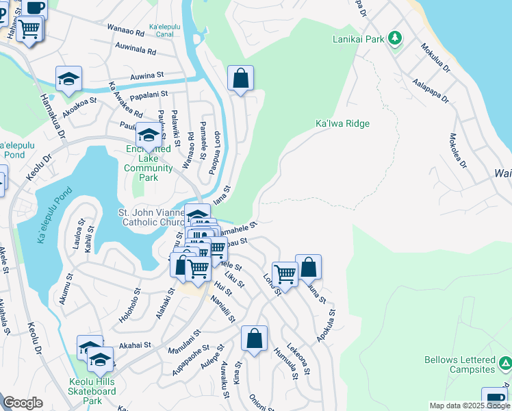 map of restaurants, bars, coffee shops, grocery stores, and more near 1148 Kamahele Street in Kailua