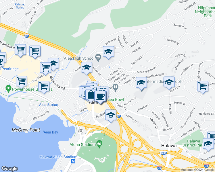 map of restaurants, bars, coffee shops, grocery stores, and more near 99-260 Aiea Heights Drive in Aiea