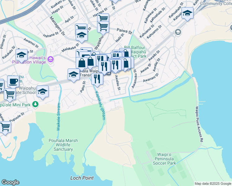 map of restaurants, bars, coffee shops, grocery stores, and more near 94-105 Mokukaua Street in Waipahu