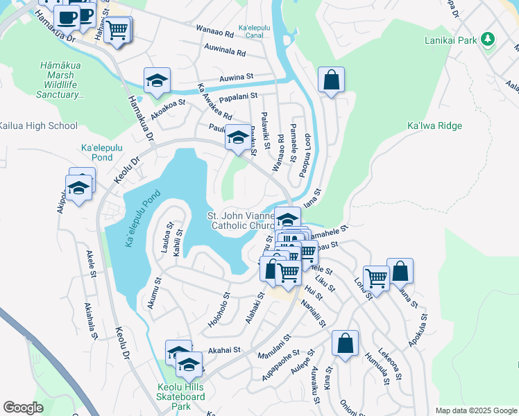 map of restaurants, bars, coffee shops, grocery stores, and more near 763 Wanaao Road in Kailua