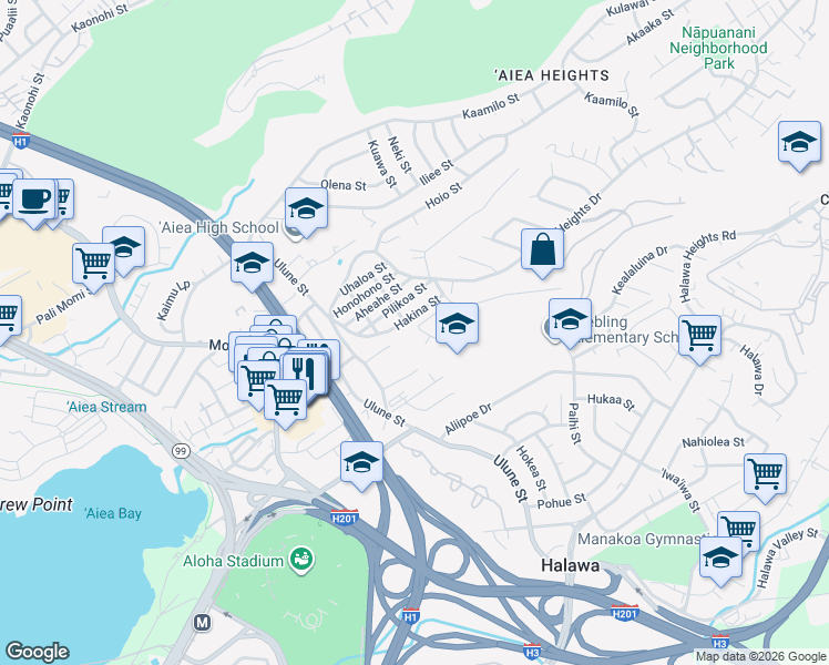 map of restaurants, bars, coffee shops, grocery stores, and more near 99-399 Hakina Street in Aiea
