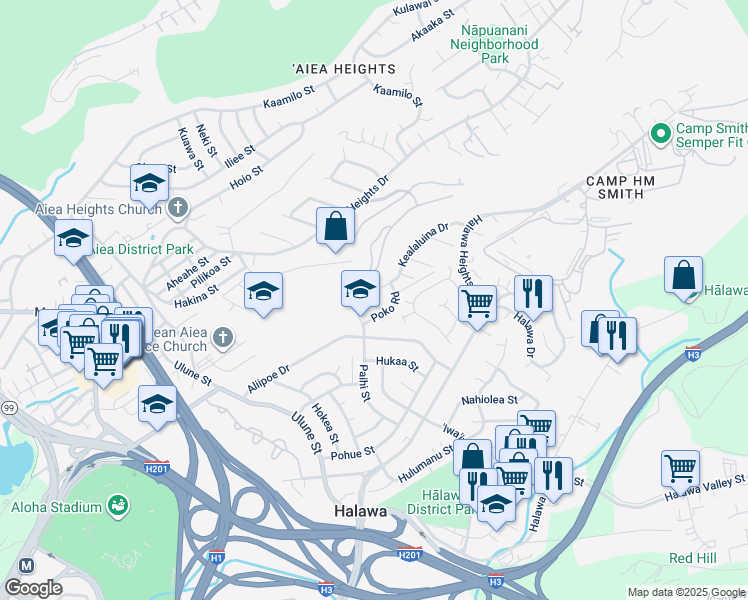 map of restaurants, bars, coffee shops, grocery stores, and more near 99-734 Poko Place in Aiea