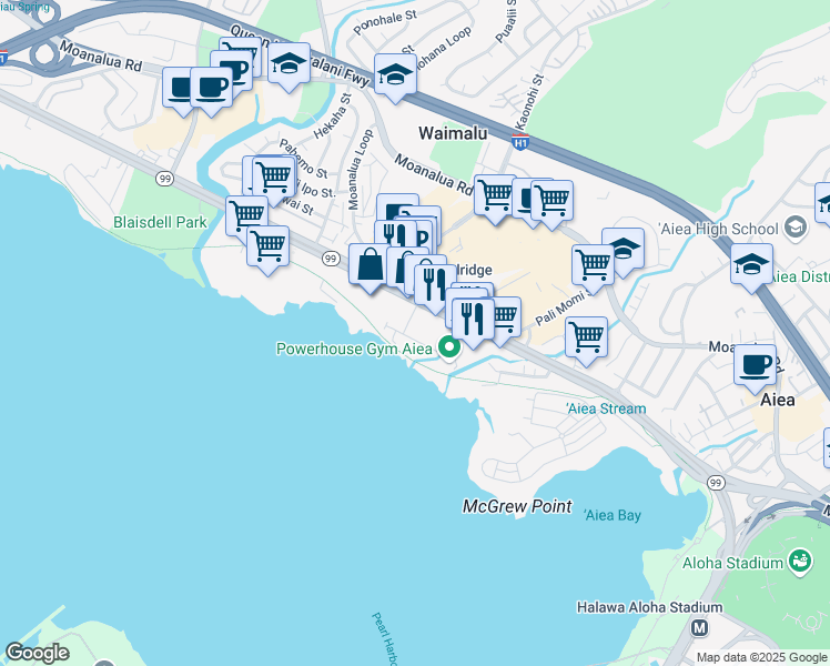 map of restaurants, bars, coffee shops, grocery stores, and more near 98-145 Lipoa Place in Aiea