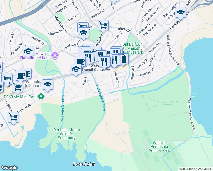 map of restaurants, bars, coffee shops, grocery stores, and more near 94-820 Awanei Street in Waipahu