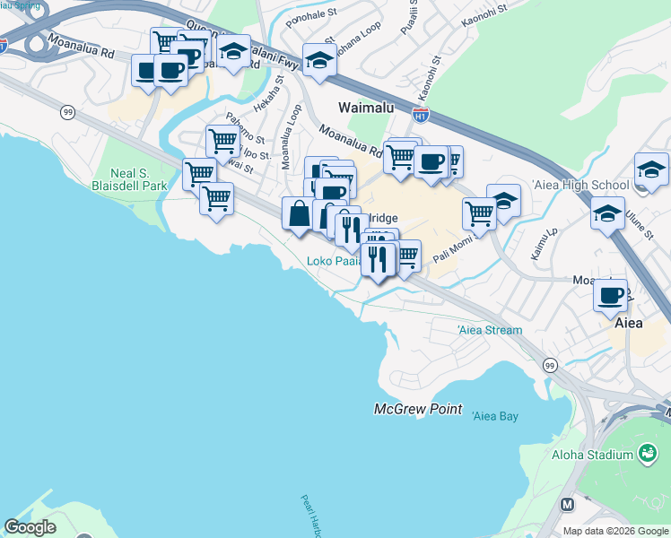 map of restaurants, bars, coffee shops, grocery stores, and more near 98-145 Lipoa Place in Aiea