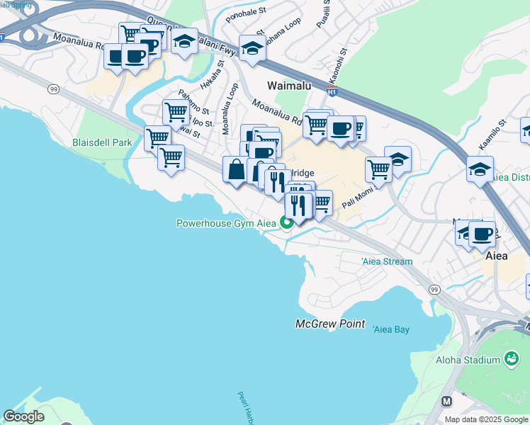 map of restaurants, bars, coffee shops, grocery stores, and more near 98-145 Lipoa Place in Aiea