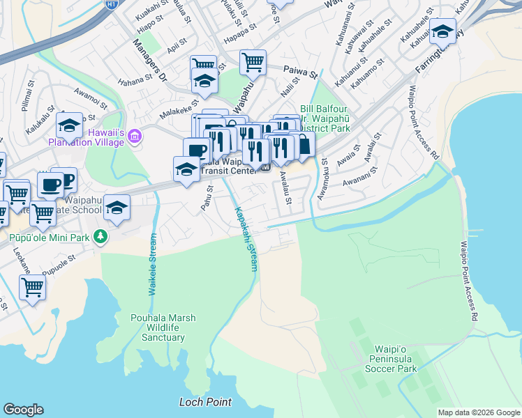 map of restaurants, bars, coffee shops, grocery stores, and more near 94-820 Awanei Street in Waipahu