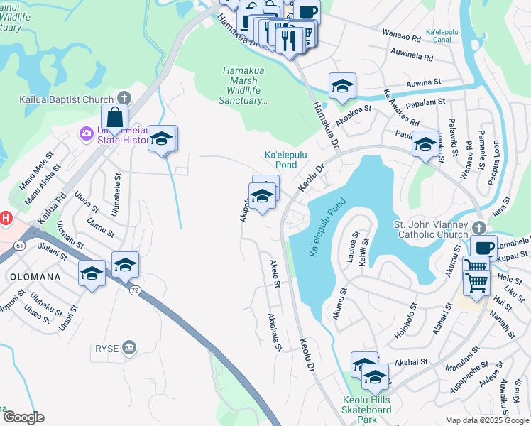 map of restaurants, bars, coffee shops, grocery stores, and more near 530 Keolu Drive in Kailua